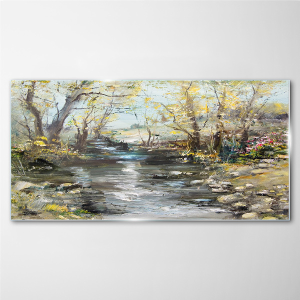 Glasbild Frühlingslandschaft am Bach
