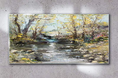 Glasbild Frühlingslandschaft am Bach