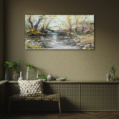 Glasbild Frühlingslandschaft am Bach