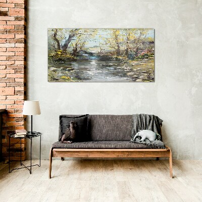 Glasbild Frühlingslandschaft am Bach
