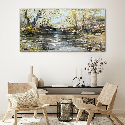 Glasbild Frühlingslandschaft am Bach