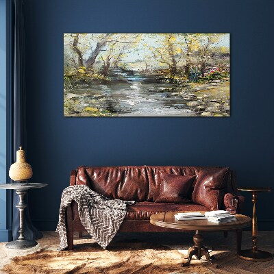 Glasbild Frühlingslandschaft am Bach