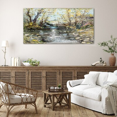 Glasbild Frühlingslandschaft am Bach
