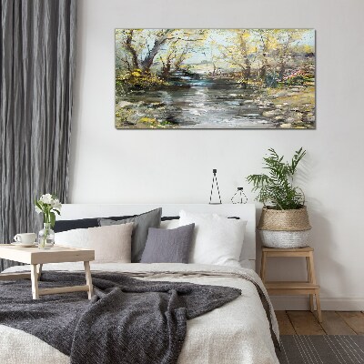 Glasbild Frühlingslandschaft am Bach