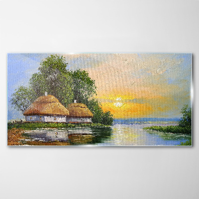 Bild auf glas Ein friedlicher Sonnenuntergang über dem Dorf
