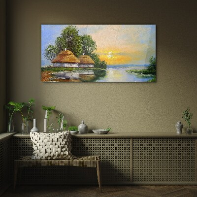 Bild auf glas Ein friedlicher Sonnenuntergang über dem Dorf