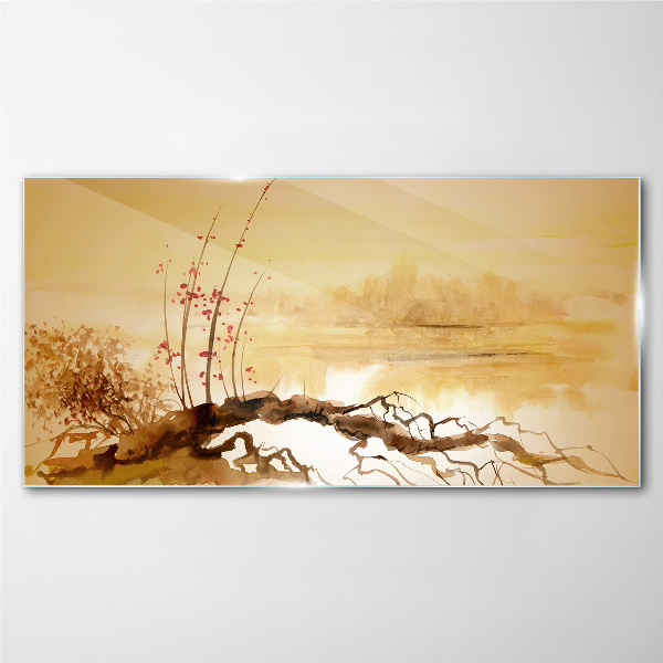 Glas bild Goldene Farbtöne am Wasserrand