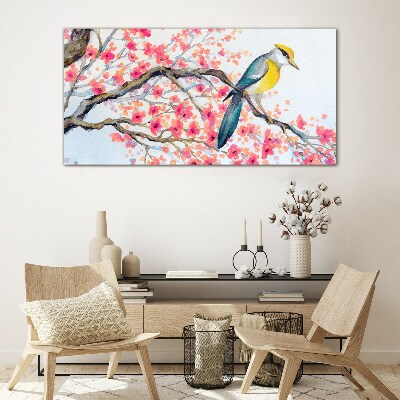 Glasbild Frühlingsvogel auf einem Ast