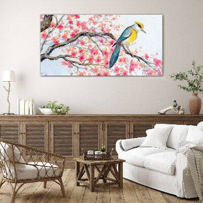 Glasbild Frühlingsvogel auf einem Ast