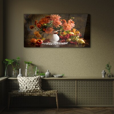 Bild auf glas Blumen und Früchte in einer Vase