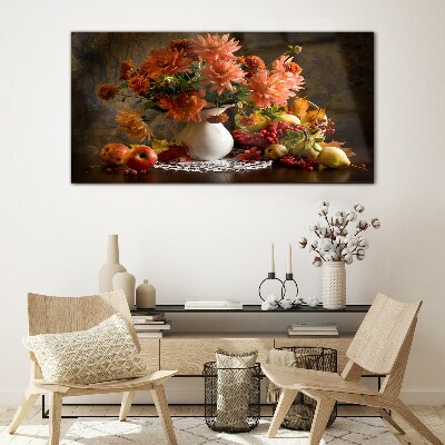 Bild auf glas Blumen und Früchte in einer Vase