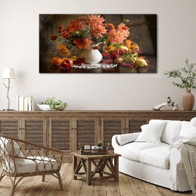 Bild auf glas Blumen und Früchte in einer Vase