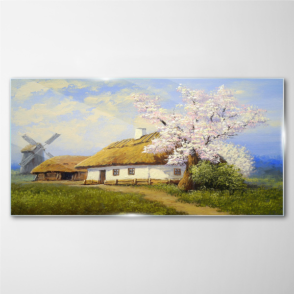 Glasbild Ländliche Landschaft mit einer Windmühle und Blumen