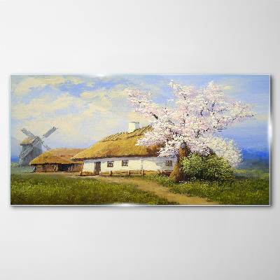 Glasbild Ländliche Landschaft mit einer Windmühle und Blumen