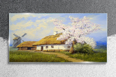 Glasbild Ländliche Landschaft mit einer Windmühle und Blumen
