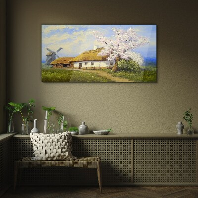 Glasbild Ländliche Landschaft mit einer Windmühle und Blumen