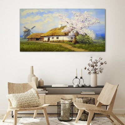 Glasbild Ländliche Landschaft mit einer Windmühle und Blumen