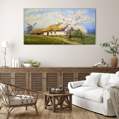 Glasbild Ländliche Landschaft mit einer Windmühle und Blumen
