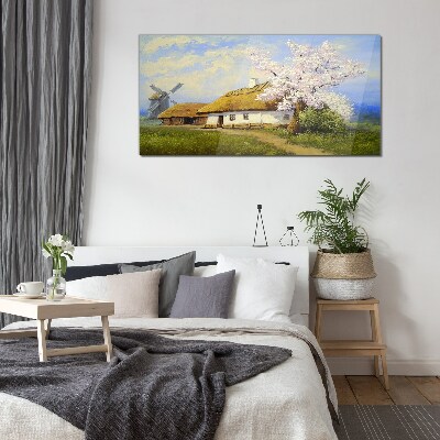 Glasbild Ländliche Landschaft mit einer Windmühle und Blumen