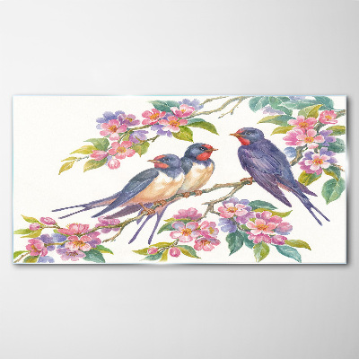 Glasbild Vögel in den blühenden Zweigen