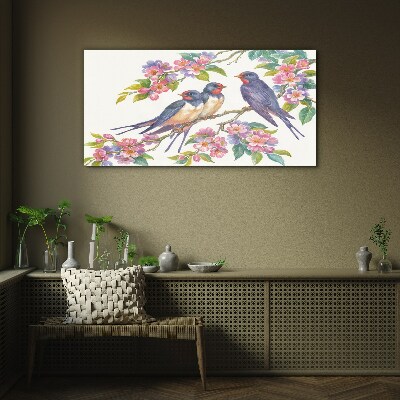 Glasbild Vögel in den blühenden Zweigen