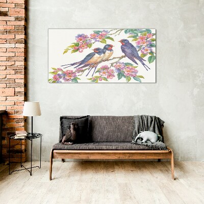 Glasbild Vögel in den blühenden Zweigen
