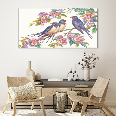 Glasbild Vögel in den blühenden Zweigen