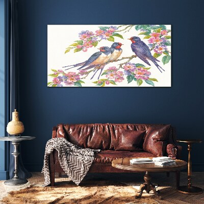 Glasbild Vögel in den blühenden Zweigen