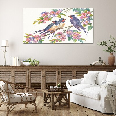 Glasbild Vögel in den blühenden Zweigen