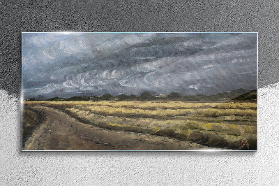 Glasbild Gewitterhimmel über einer Landstraße