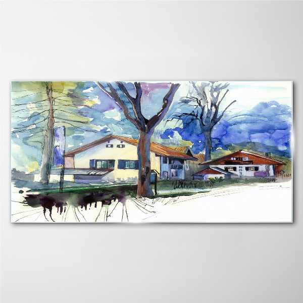 Foto auf glas Ländliche Landschaft in Aquarell