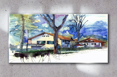 Foto auf glas Ländliche Landschaft in Aquarell