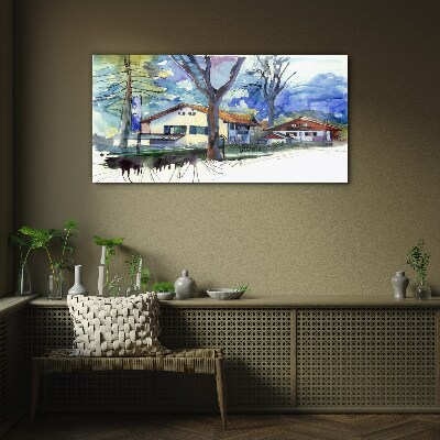 Foto auf glas Ländliche Landschaft in Aquarell