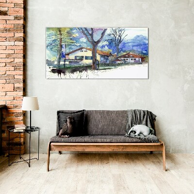 Foto auf glas Ländliche Landschaft in Aquarell