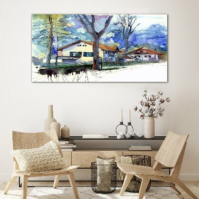Foto auf glas Ländliche Landschaft in Aquarell