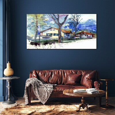 Foto auf glas Ländliche Landschaft in Aquarell
