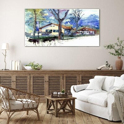 Foto auf glas Ländliche Landschaft in Aquarell