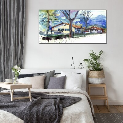 Foto auf glas Ländliche Landschaft in Aquarell