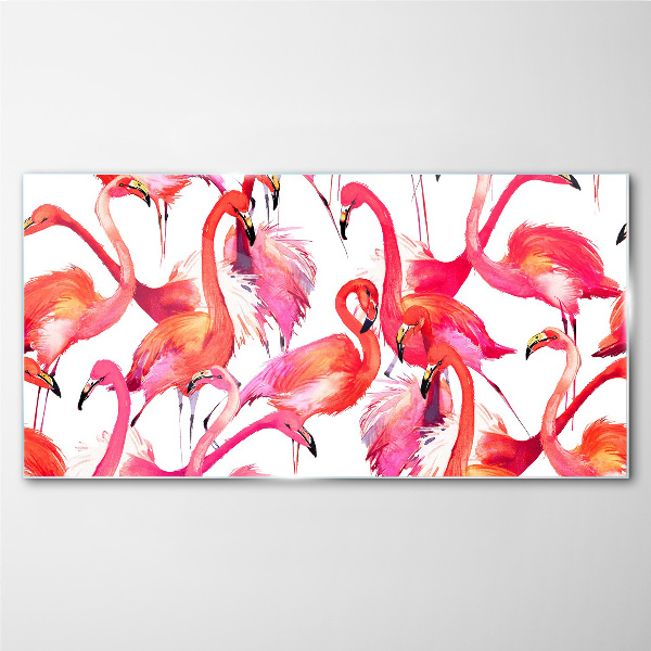 Glasbild Rosa Flamingos in einem tropischen Tanz