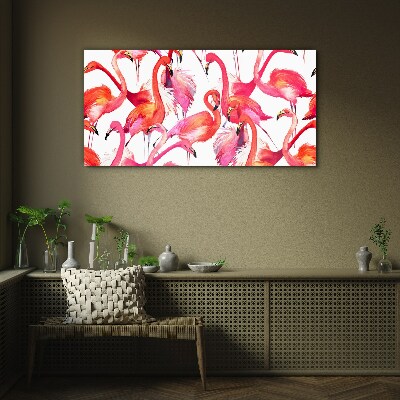 Glasbild Rosa Flamingos in einem tropischen Tanz