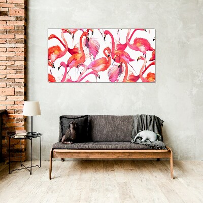 Glasbild Rosa Flamingos in einem tropischen Tanz