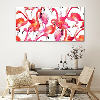 Glasbild Rosa Flamingos in einem tropischen Tanz