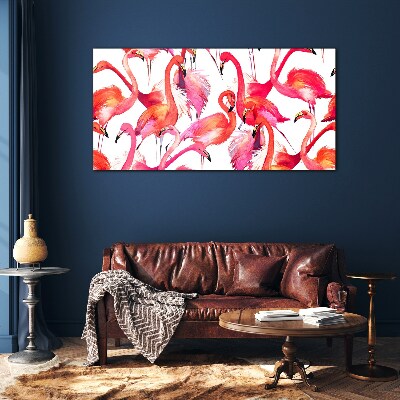 Glasbild Rosa Flamingos in einem tropischen Tanz