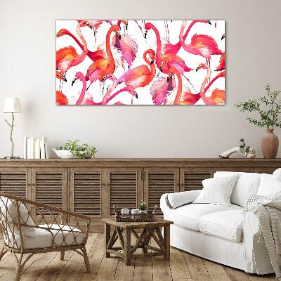 Glasbild Rosa Flamingos in einem tropischen Tanz