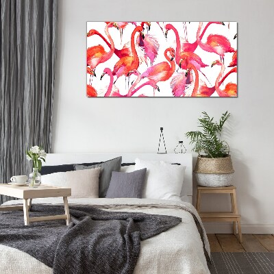 Glasbild Rosa Flamingos in einem tropischen Tanz