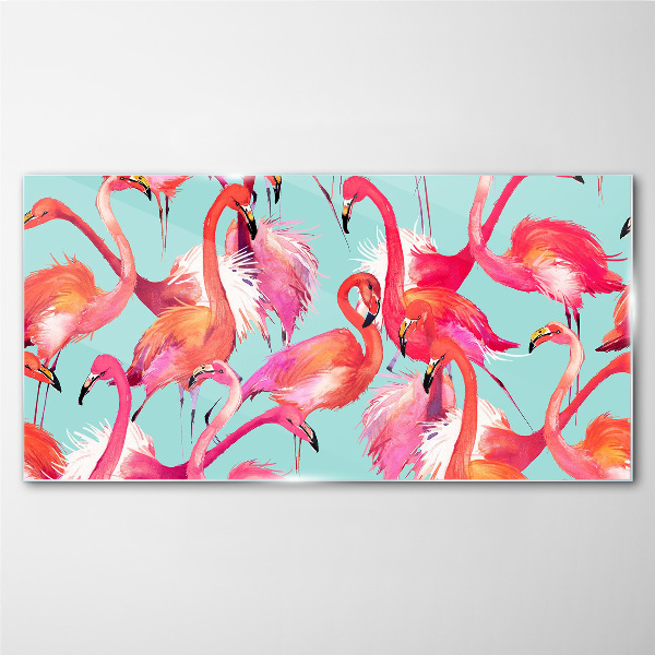 Glasbild Rosa Flamingos auf türkisfarbenem Hintergrund