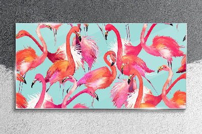 Glasbild Rosa Flamingos auf türkisfarbenem Hintergrund