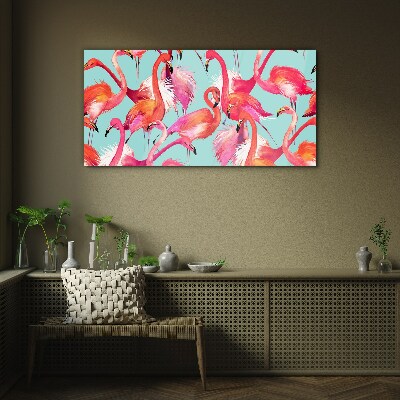 Glasbild Rosa Flamingos auf türkisfarbenem Hintergrund