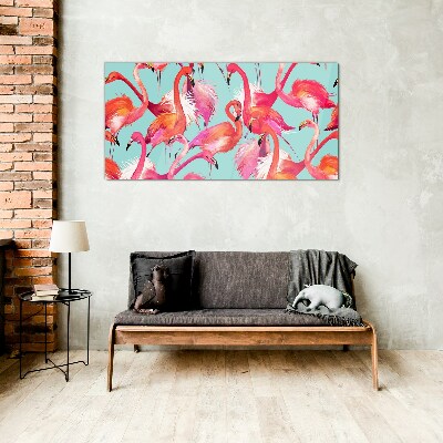 Glasbild Rosa Flamingos auf türkisfarbenem Hintergrund