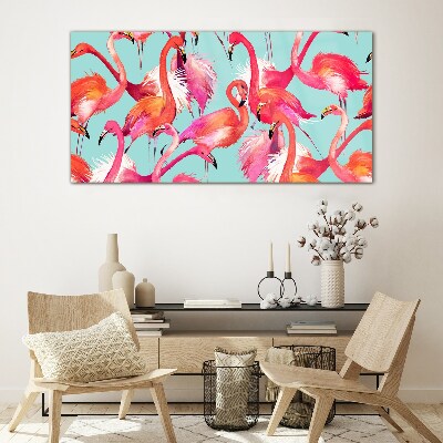 Glasbild Rosa Flamingos auf türkisfarbenem Hintergrund